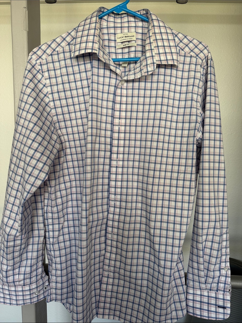 Lucky Brand Men's White Shirt with Blue and Light Pink Plaid. Size Medium.